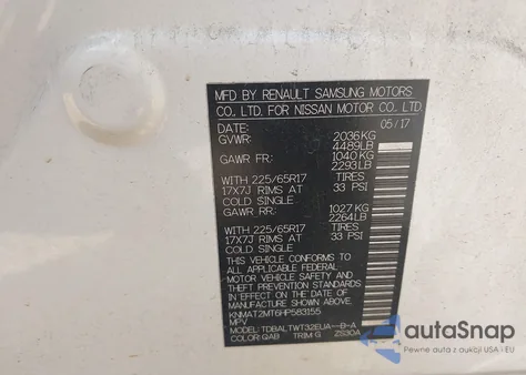 2017 Nissan Rogue Sv z USA, uszkodzony, nr VIN KNMAT2MT6HP583155